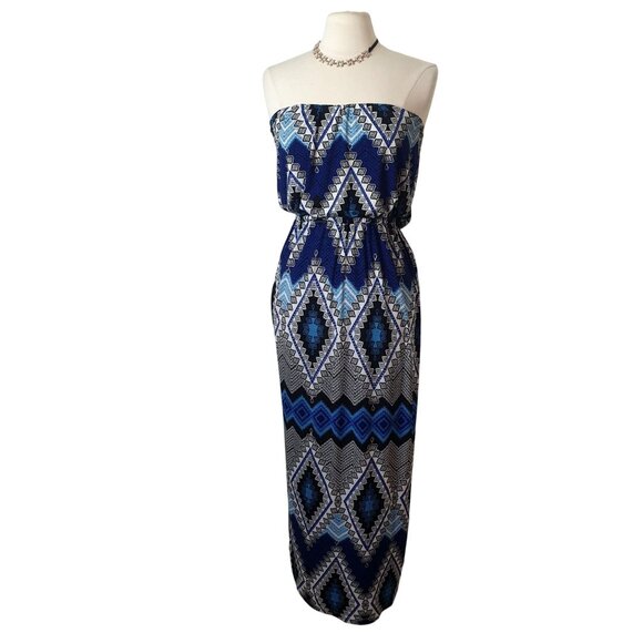 Womens Strapless Maxi Dress 1X Blue Geometric Chic Beach Coastal Resort - Picture 1 of 5